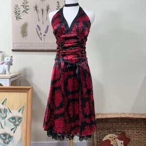 Vintage 90s Y2k Satin Lace Floral Halter Dress Romantic Goth Whimsigoth Sexy 7
